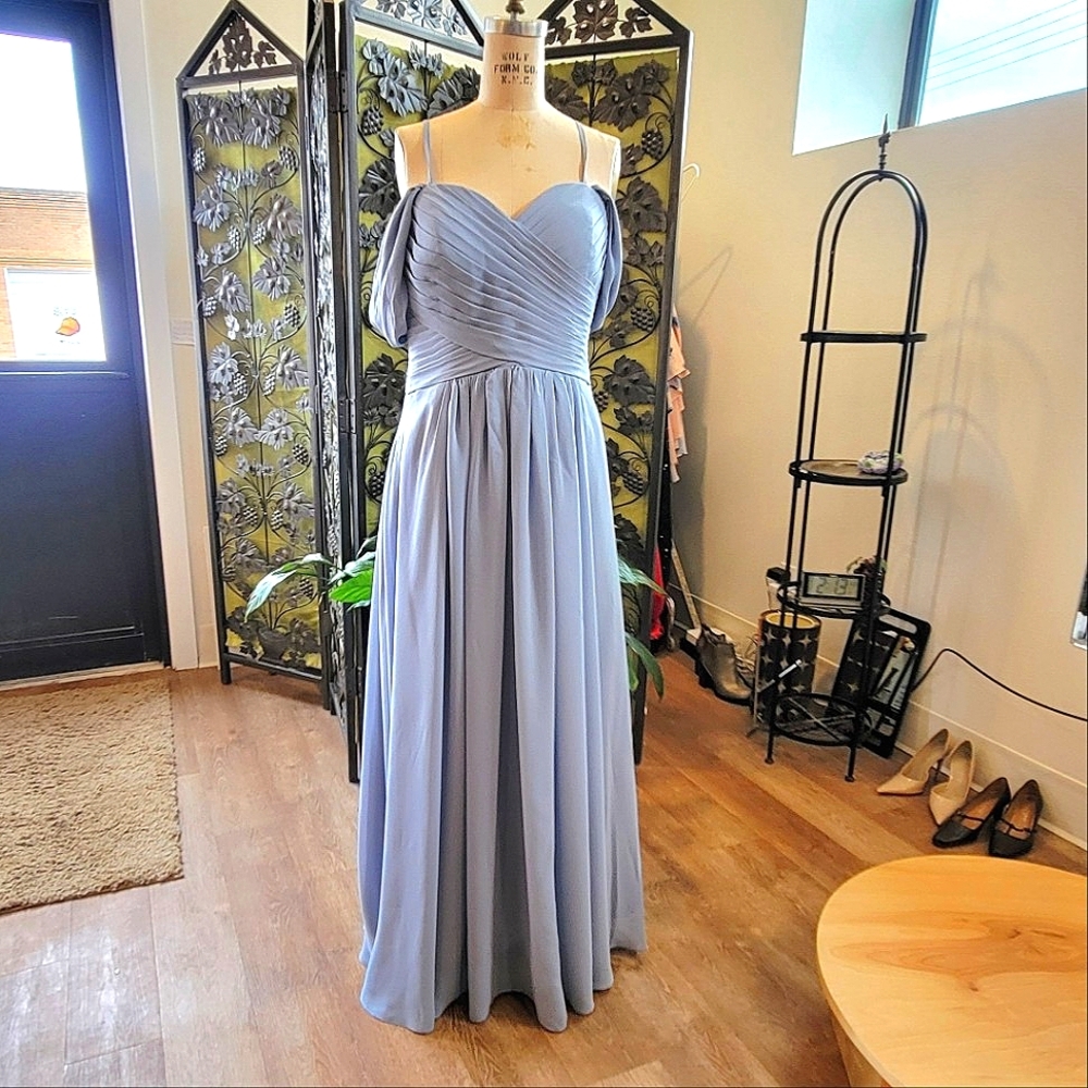 Gown, Blue Dusty, Corset Back, Pleated Full Chiffon Skirt 14. Like New